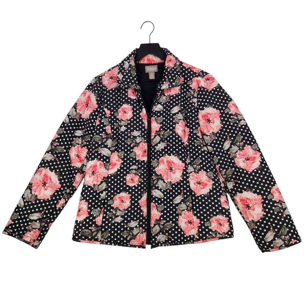 Chico's Full Zip Jacket Size 1 Medium Floral Polka Dot Lightweight Cottagecore